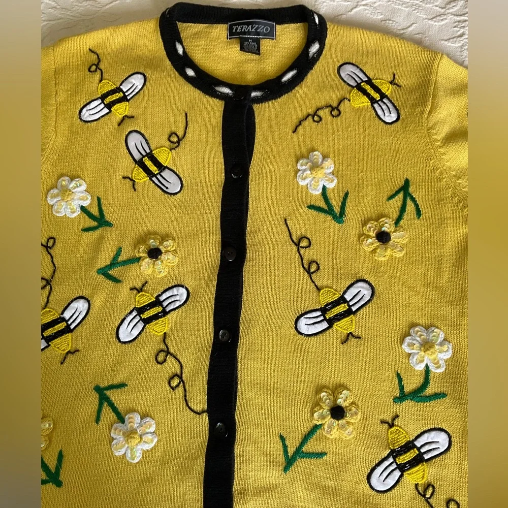 TERAZZO Yellow & Black Beaded & Sequin Honey Bee Cardigan Sweater Women’s M - Picture 4 of 6